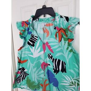 Mud Pie Becky Flutter Sleeve Blouse‎ Green Tropical Zebra Ruffle V-Neck Med